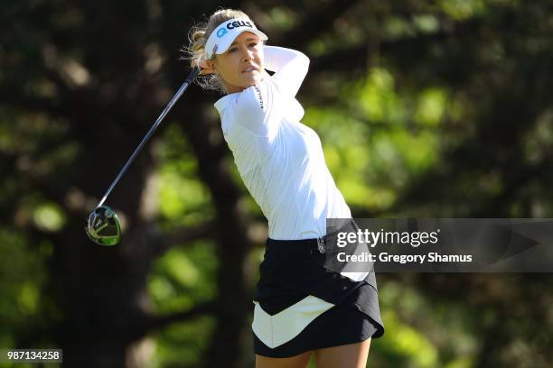 Nelly Korda watches her tee shot on the second hole during the second round of the 2018 KPMG PGA Championship at Kemper Lakes Golf Club on June 29,...