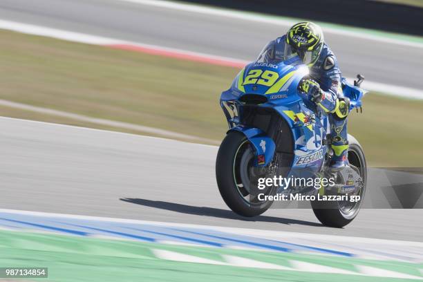 Andrea Iannone of Italy and Team Suzuki ECSTAR heads down a straight during the MotoGP Netherlands - Free Practice on June 29, 2018 in Assen,...