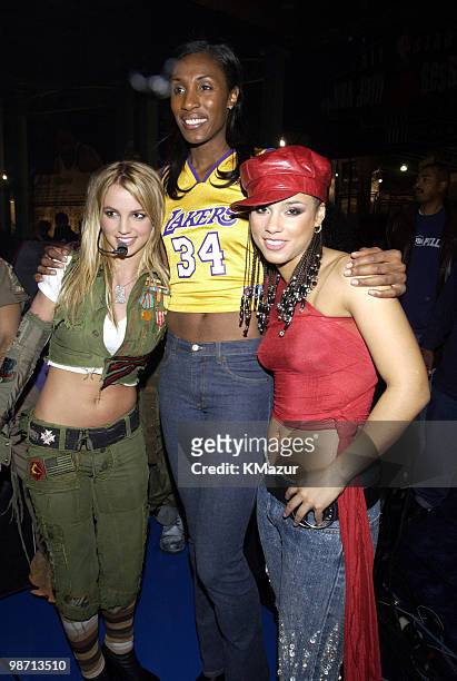 Britney Spears, Lisa Leslie from the WNBA's Los Angeles Sparks, and Alicia Keys backstage at the NBA All-Star Read to Achieve Celebration in...