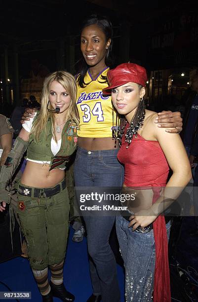 Britney Spears, Lisa Leslie of the WNBA's Los Angeles Sparks, and Alicia Keys backstage at the NBA All-Star Read to Achieve Celebration in...