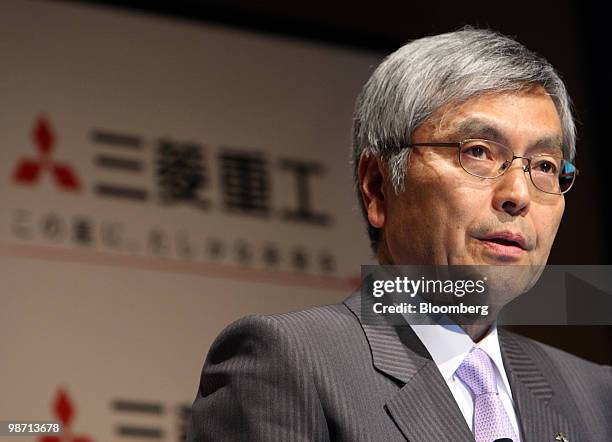 Hideaki Omiya, president of Mitsubishi Heavy Industries Ltd., speaks during a news conference in Tokyo, Japan, on Wednesday, April 28, 2010....