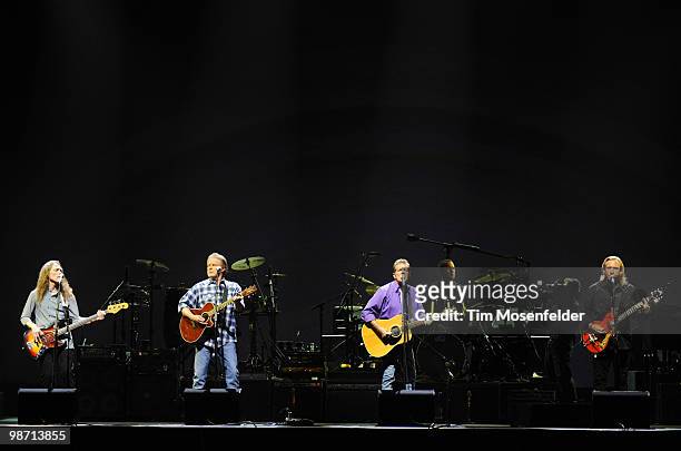 Timothy B. Schmit, Don Henley, Glenn Frey, and Joe Walsh of The Eagles perform part of the bands' Long Road Out of Eden Tour at Arco Arena on April...