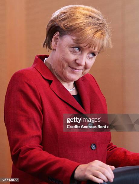 German Chancellor Angela Merkel attends the weekly German government cabinet meeting at the Chancellery on April 28, 2010 in Berlin, Germany. High on...