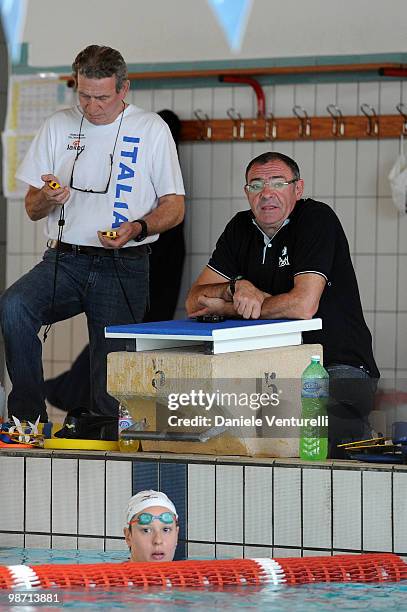 Stefano Morini and Federica Pellegrini training at the Reggio Emilia pool on March 30, 2010 in Reggio nell'Emilia, Italy.