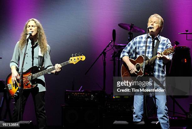 Timothy B. Schmit and Don Henley of The Eagles perform part of the bands' Long Road Out of Eden Tour at Arco Arena on April 27, 2010 in Sacramento,...