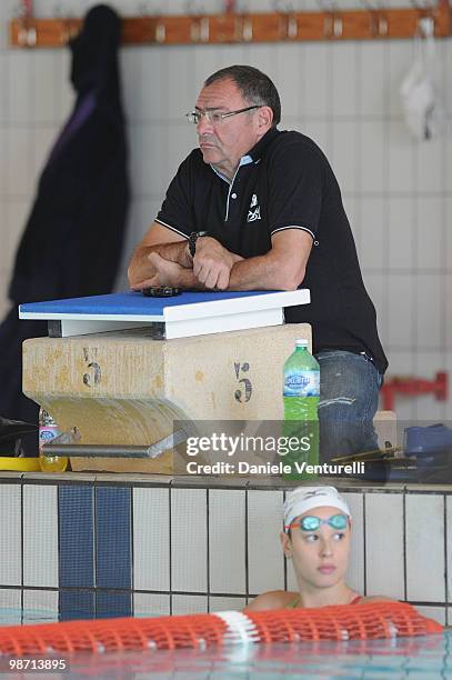 Stefano Morini and Federica Pellegrini training at the Reggio Emilia pool on March 30, 2010 in Reggio nell'Emilia, Italy.