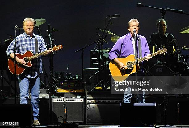 Don Henley and Glenn Frey of The Eagles perform part of the bands' Long Road Out of Eden Tour at Arco Arena on April 27, 2010 in Sacramento,...