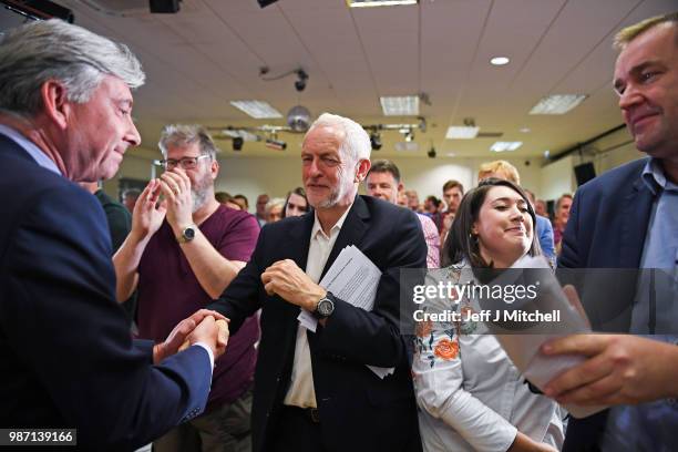Jeremy Corbyn, Leader of the Labour Party, stands with Labour's Parliamentary Candidate for Livingston Rhea Wolfson and Scottish Labour leader...
