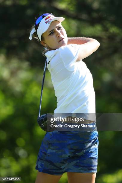 Lexi Thompson watches her tee shot on the second hole during the second round of the 2018 KPMG PGA Championship at Kemper Lakes Golf Club on June 29,...