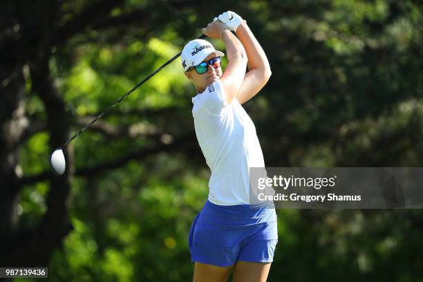 Anna Nordqvist of Sweden watches her tee shot on the second hole during the second round of the 2018 KPMG PGA Championship at Kemper Lakes Golf Club...