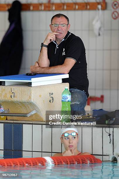 Stefano Morini and Federica Pellegrini training at the Reggio Emilia pool on March 30, 2010 in Reggio nell'Emilia, Italy.