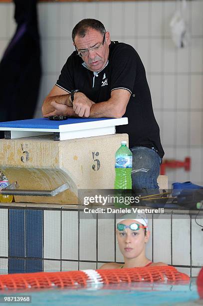 Stefano Morini and Federica Pellegrini training at the Reggio Emilia pool on March 30, 2010 in Reggio nell'Emilia, Italy.