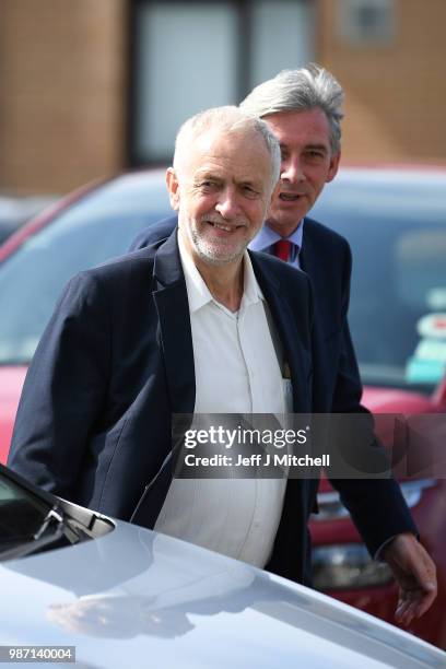 Jeremy Corbyn, Leader of the Labour Party, arrives with Scottish Labour leader Richard Leonard during a NHS rally at the Howden Park Centre on June...