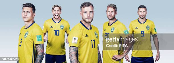 In this composite image, Victor Nilsson Lindeloef, Emil Forsberg, John Guidetti, Ola Toivonen and Markus Berg of Sweden pose for a photograph during...