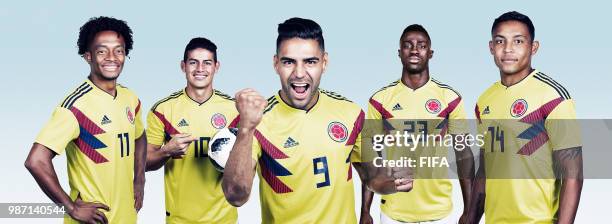 In this composite image, Juan Cuadrado, James Rodriguez, Radamel Falcao, Davinson Sanchez and Luis Muriel of Colombia pose for a portrait during the...