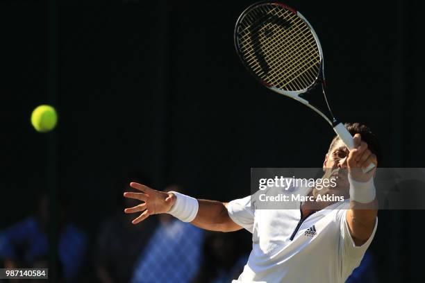 Fernando Verdasco of Spain plays a forehand against Jared Donaldson of USA during the GANT Tennis Championships on June 29, 2018 in London, England.