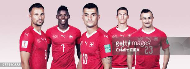 In this composite image, Haris Seferovic, Breel Embolo, Granit Xhaka, Stephan Lichtsteiner and Xherdan Shaqiri pose for a portrait during the...