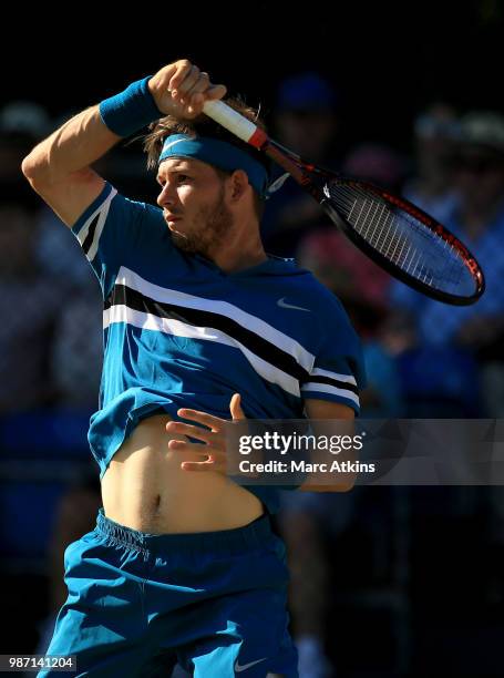 Jared Donaldson of USA plays a forehand against Fernando Verdasco of Spain during the GANT Tennis Championships on June 29, 2018 in London, England.