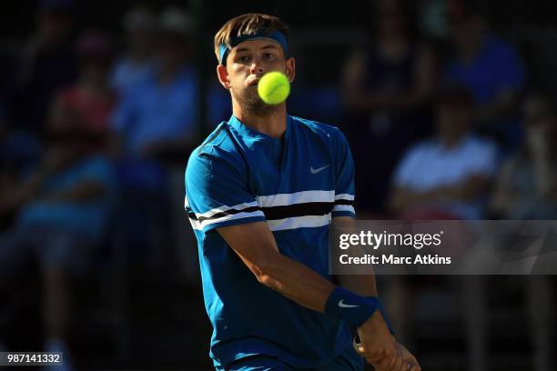 Jared Donaldson of USA plays a backhand against Fernando Verdasco of Spain during the GANT Tennis Championships on June 29, 2018 in London, England.