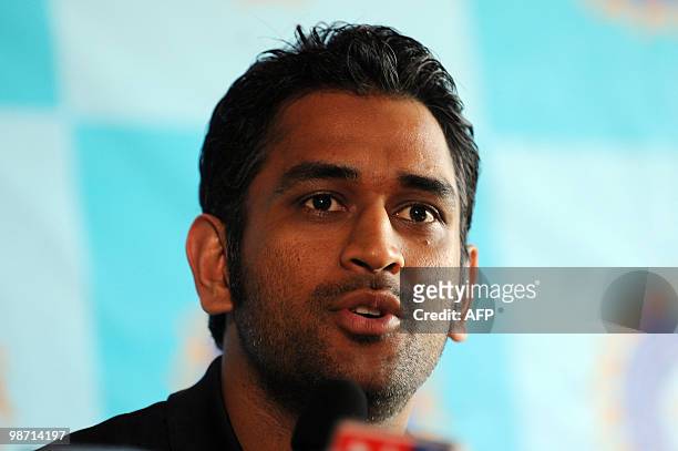 Indian national cricket captain Mahendra Singh Dhoni gives a press conference in Mumbai on April 27, 2010. Dhoni will lead the Indian team to the...