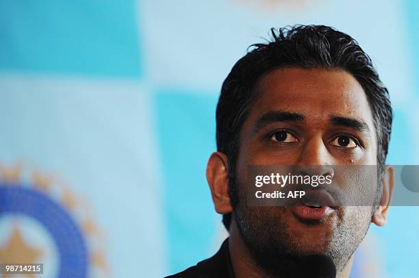 Indian national cricket captain Mahendra Singh Dhoni gives a press conference in Mumbai on April 27, 2010. Dhoni will lead the Indian team to the...