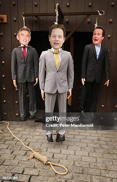 Effigies of party leaders Gordon Brown, Nick Clegg and David Cameron are displayed hanging on a gallows outside the London Dungeon attraction on...