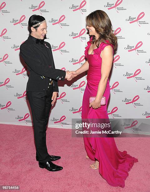 Actress Elizabeth Hurley and Olympic figure skater Johnny Weir attends the 2010 Breast Cancer Research Foundation's Hot Pink Party at The...