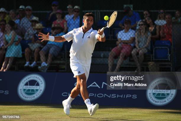 Fernando Verdasco of Spain plays a forehand against Jared Donaldson of USA during the GANT Tennis Championships on June 29, 2018 in London, England.