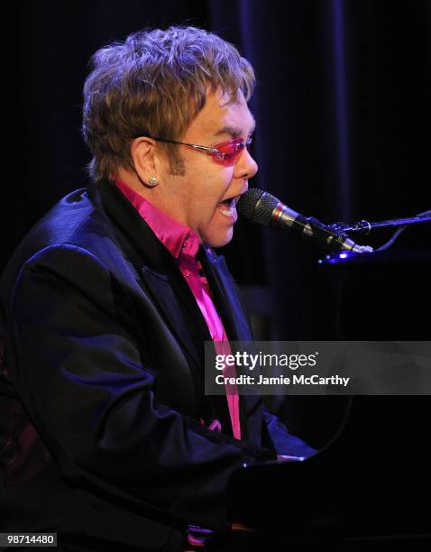 Sir Elton John performs onstage at the 2010 Breast Cancer Research Foundation's Hot Pink Party at The Waldorf=Astoria on April 27, 2010 in New York...