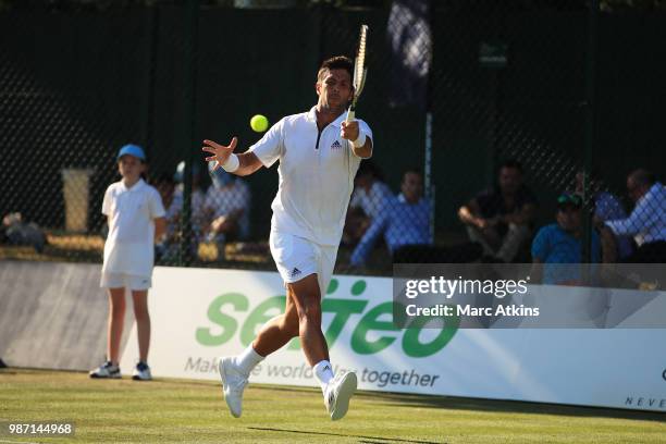 Fernando Verdasco of Spain plays a forehand against Jared Donaldson of USA during the GANT Tennis Championships on June 29, 2018 in London, England.