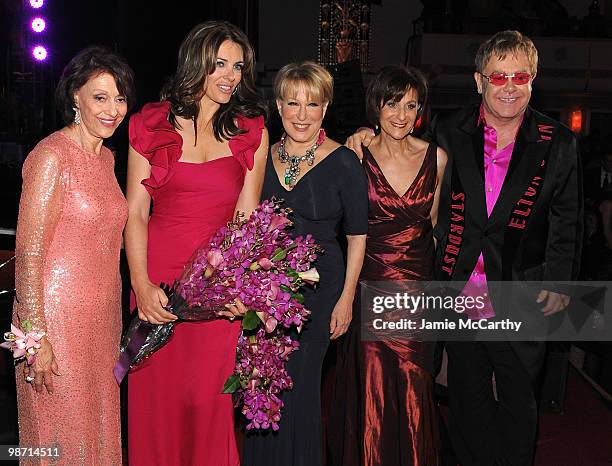 Evelyn Lauder, Elizabeth Hurley, Bette Midler, Myra Biblowitz, President, The Breast Cancer Research Foundation and Sir Elton John attend the 2010...