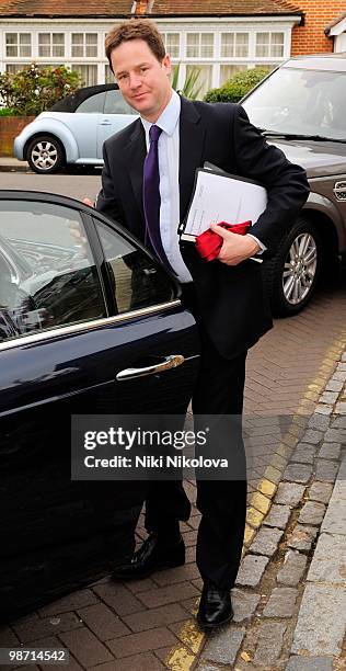 Liberal Democrat leader Nick Clegg is spotted leaving home on April 28, 2010 in London, England.