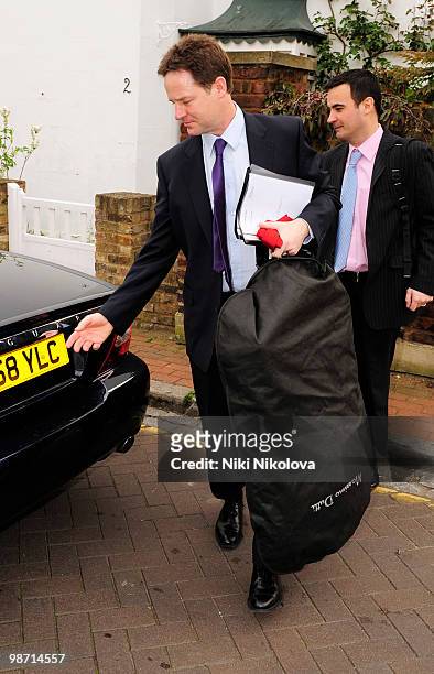 Liberal Democrat leader Nick Clegg is spotted leaving home on April 28, 2010 in London, England.