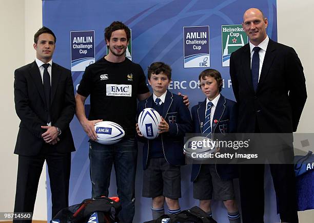 Danny Cipriani of Wasps and England and Former Wasps and England captain Lawrence Dallaglio during a visit to Donhead School to deliver £1,000 worth...