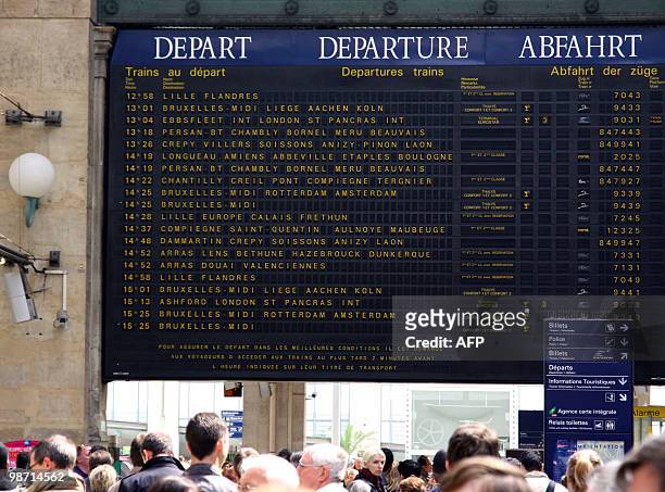 Giant board informs passengers about the national and European traffic in Paris gare du Nord railway station, on April 20, 2010. France railway...