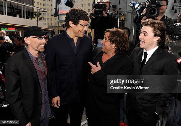 Actor Jackie Earle Haley, New Line's Richard Brener, director Samuel Bayer and actor Kyle Gallner pose at the premiere of New Line's "A Nightmare on...