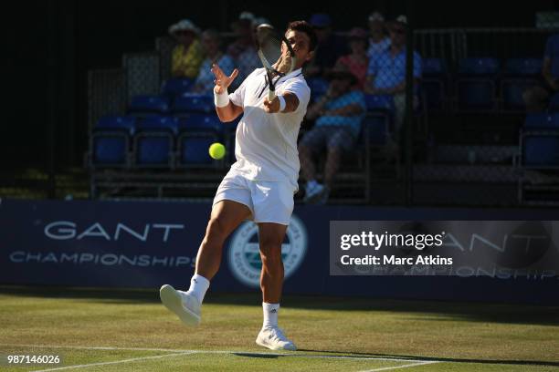 Fernando Verdasco of Spain plays a forehand against Jared Donaldson of USA during the GANT Tennis Championships on June 29, 2018 in London, England.