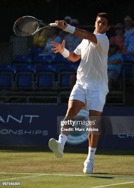 Fernando Verdasco of Spain plays a forehand against Jared Donaldson of USA during the GANT Tennis Championships on June 29, 2018 in London, England.