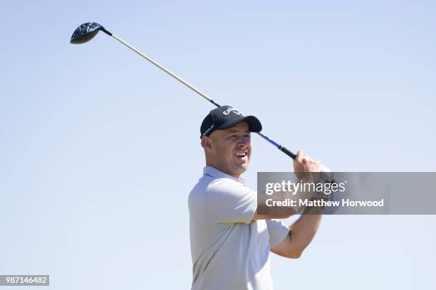 Robert Coles of Marylands Golf and Country Club tees off during the English PGA Championship at Saunton Golf Club, West Course on June 29, 2018 in...