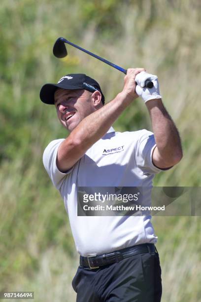 Robert Coles of Marylands Golf and Country Club tees off during the English PGA Championship at Saunton Golf Club, West Course on June 29, 2018 in...