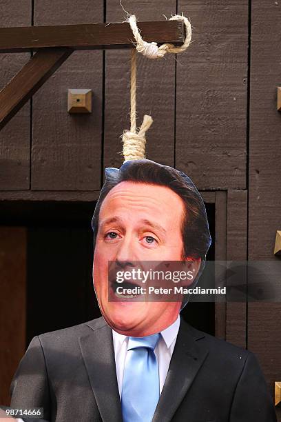 An effigy of Conservative party leader David Cameron hangs on a gallows outside the London Dungeon attraction on April 28, 2010 in London, England....