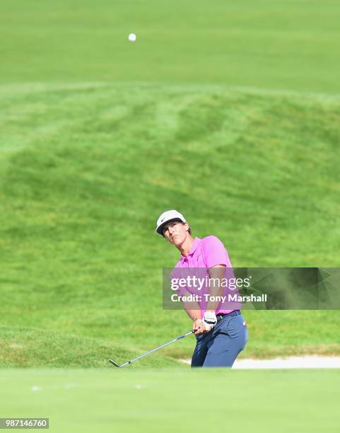 Thorbjorn Olesen of Denmark plays his third shot on the 14th fairway during Day Two of the HNA Open de France at Le Golf National on June 29, 2018 in...