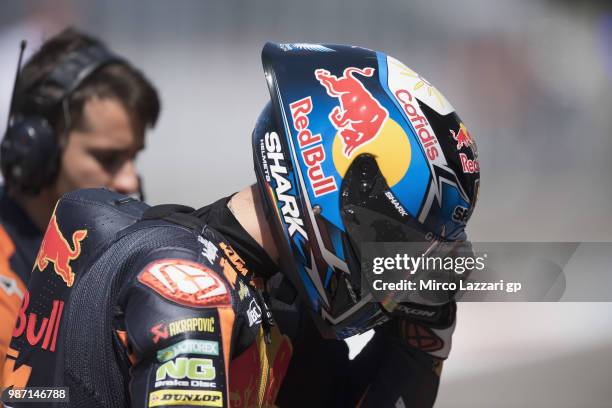 Miguel Oliveira of Portugal and Red Bull KTM Ajo returns in box during the MotoGP Netherlands - Free Practice on June 29, 2018 in Assen, Netherlands.