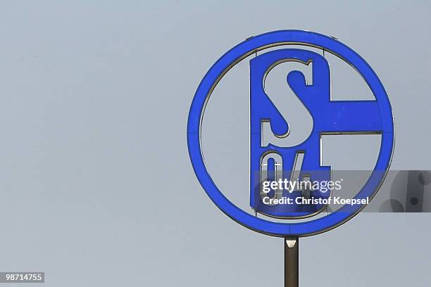 The official logo of Schalke is seen on the office during the training session of FC Schalke at the training ground on April 28, 2010 in...