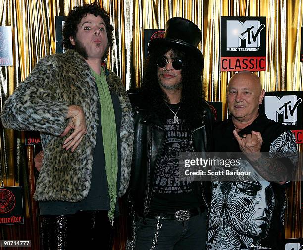 Andrew Stockdale of Wolfmother, Slash and Angry Anderson arrives at the "MTV Classic: The Launch" music event at the Palace Theatre on April 28, 2010...