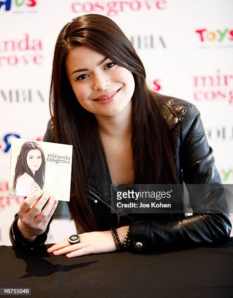 Personality Miranda Cosgrove promotes "Sparks Fly" at Toys R Us on April 27, 2010 in New York City.
