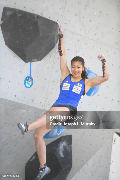 Miho Nonaka of Team Japan celebrates during the IFSC Climbing World Cup on June 9, 2018 in Vail, Colorado. Nonaka finished in second place at the...