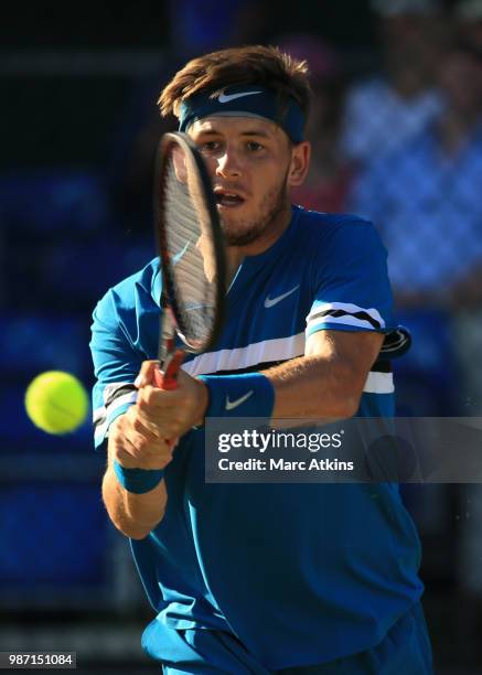 Jared Donaldson of USA plays a backhand against Fernando Verdasco of Spain during the GANT Tennis Championships on June 29, 2018 in London, England.