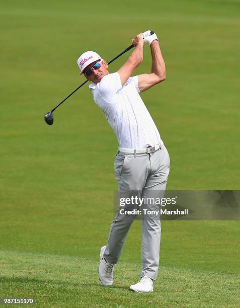 Rafa Cabrera Bello of Spain plays his second shot on the 9th fairway during Day Two of the HNA Open de France at Le Golf National on June 29, 2018 in...
