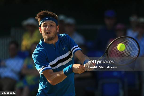 Jared Donaldson of USA plays a backhand against Fernando Verdasco of Spain during the GANT Tennis Championships on June 29, 2018 in London, England.